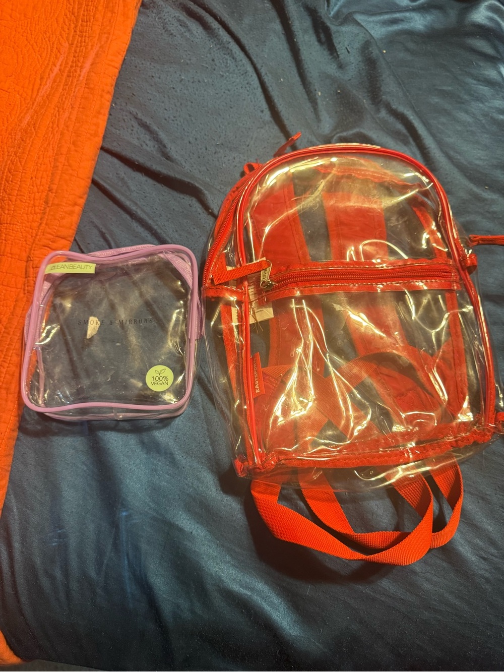 Clear Red Kids Backpack with Clear Purple Pouch